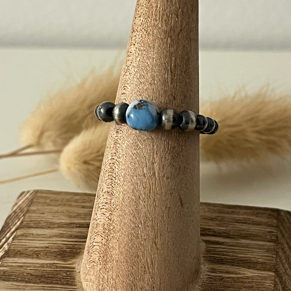 925 Sterling Silver Pearl Golden Hill Turquoise Bead Gemstone Stretch Ring